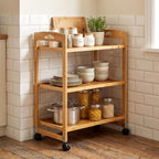 Giantex 3-Tier Rolling Storage Cart, Bamboo Utility Cart w/ 3 Side Hooks & Adjustable Shelves, Multifunctional Kitchen Cart on 2 Lockable Wheels for Living Dining Room, Laundry, Bathroom, Office Art