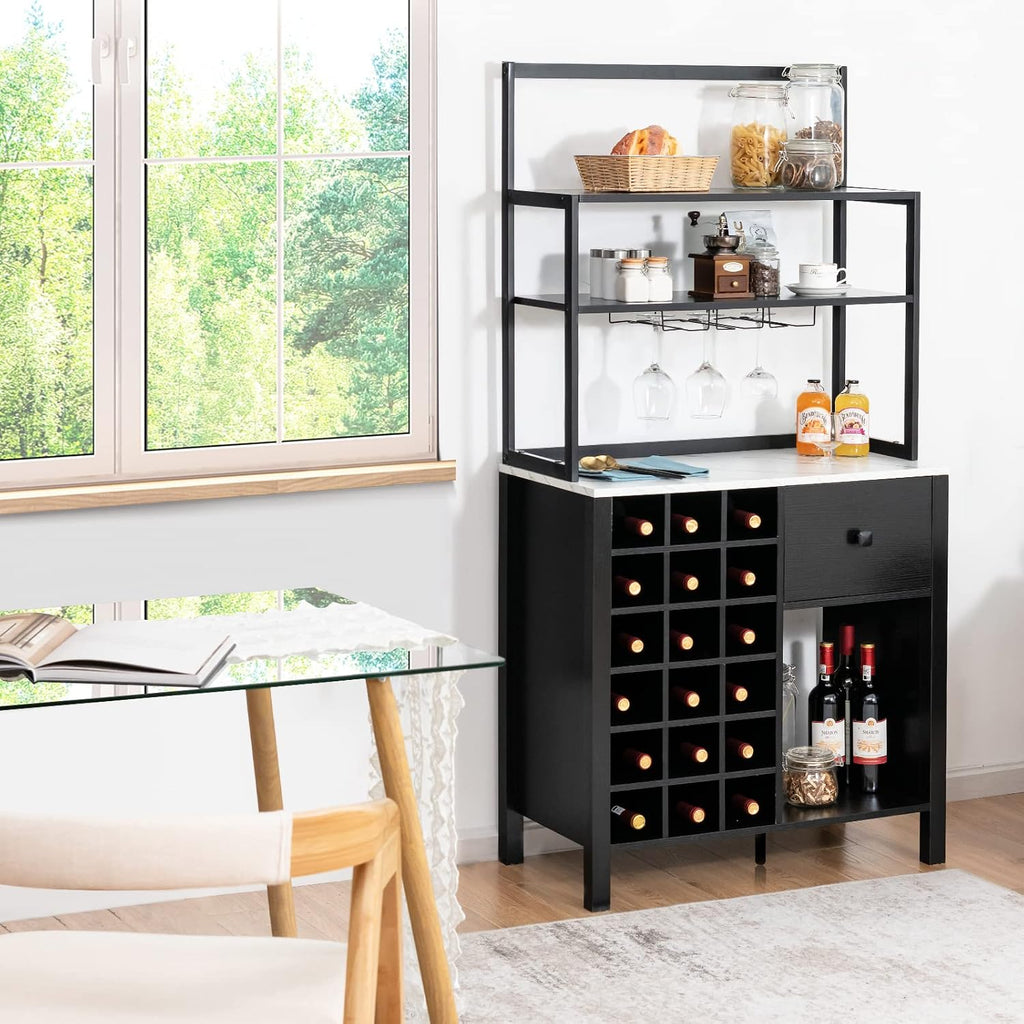 TANGZON Sideboard Wine Cabinet, Kitchen Buffet Cabinet with Glass Holders, 18-Bottle Wine Rack, Drawer, Worktop & Anti-Tipping Device, Home Bar Dining Room Wooden Storage Cupboard (Black)