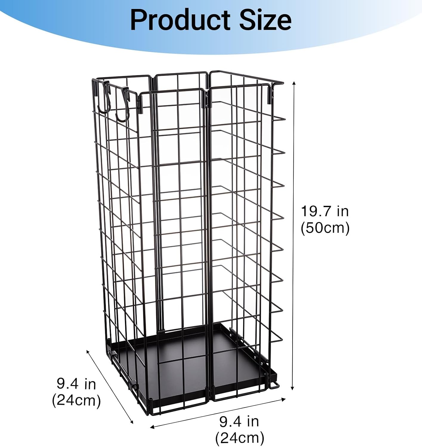 Umbrella Stand, Umbrella Holder for Entryway, Large Metal Foldable Umbrella Rack Organizer Freestanding, with Water Tray and Hooks, Rectangular Hollow Rack 9.5 x 9.5 x 19.7 Inches (Black)