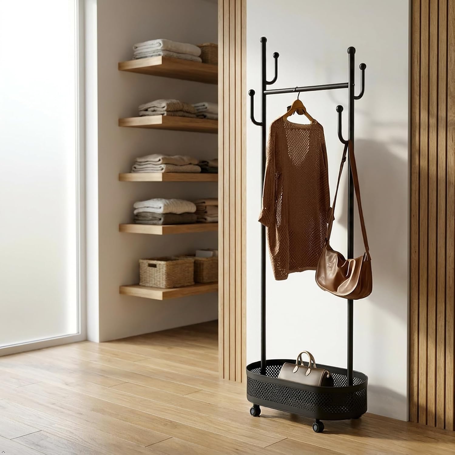 Cactus Coat Rack, Metal Garment Rack with Wheels, Double Sided, Modern Style, Powder Coated, for Entryway and Bedroom, 24x14x66.93 Inches (Black)