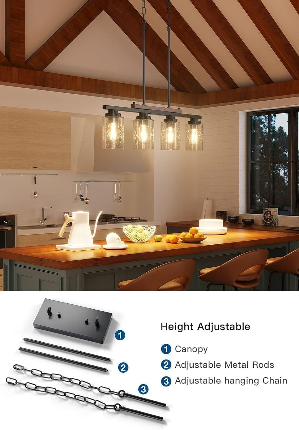 Amico Dining Room Light Fixture 4-Light Kitchen Island Lighting with Adjustable Rods, Farmhouse Decor Black Metal & Wood Chandelier with Seeded Glass Shade, Island Lights for Kitchen