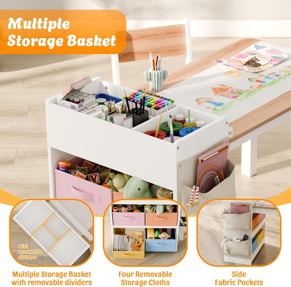 IKALIFE Kids Art Table and Chair - Toddler Craft Table and Chairs Set with 2 Chair & Bins, Large Storage Kids Activity Desk with Paper Roll for Playrooms & Classroom, 40" L x 20" W, Natural