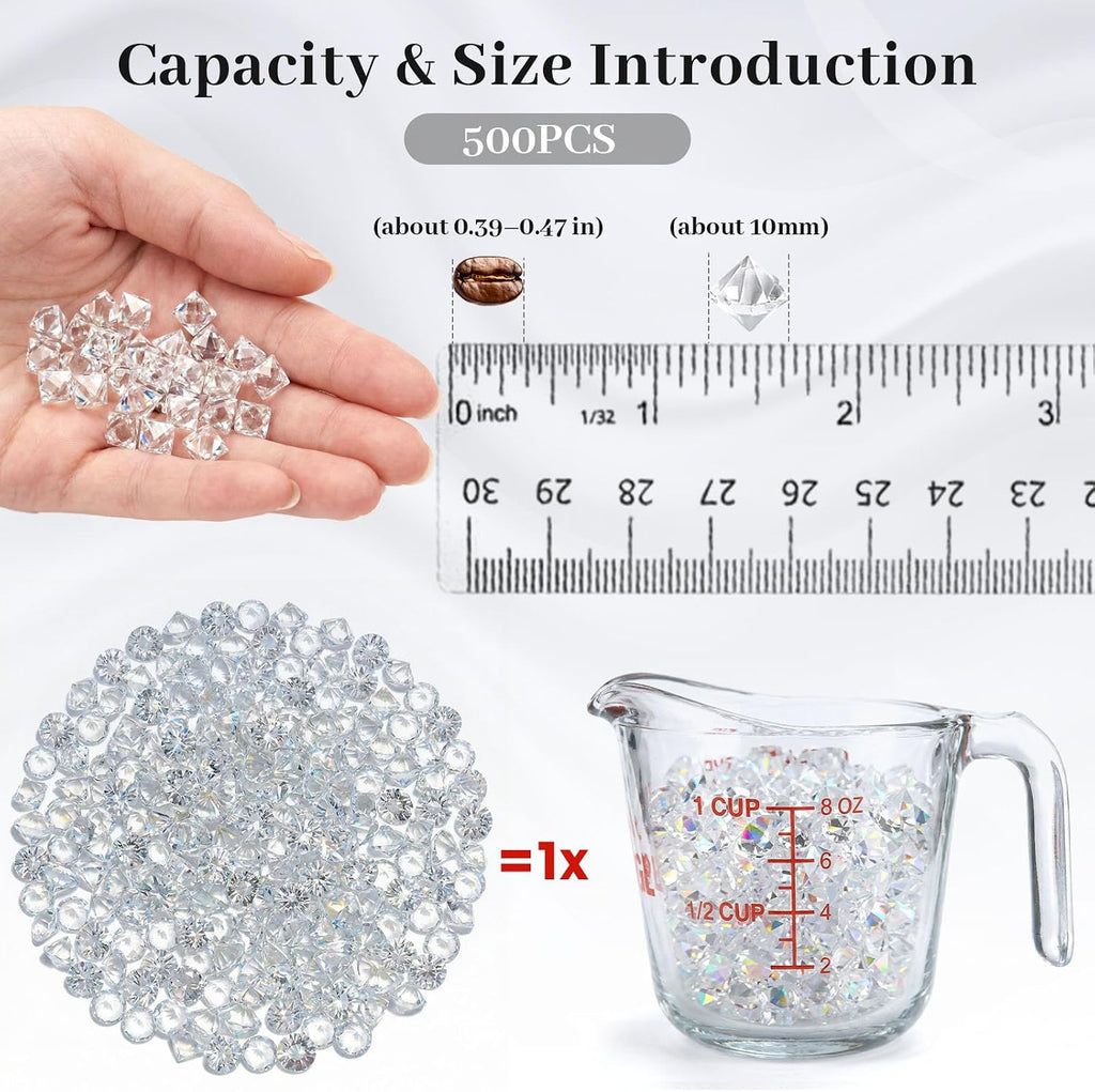HANSGO 500PCS Diamonds, Mini Clear Fake Diamonds Acrylic Gems Table Scatter Crystals for Vase Fillers, Wedding Decor, Pirate Treasure, Photo Props, Party Decorations, Food Display（0.39-0.47in）