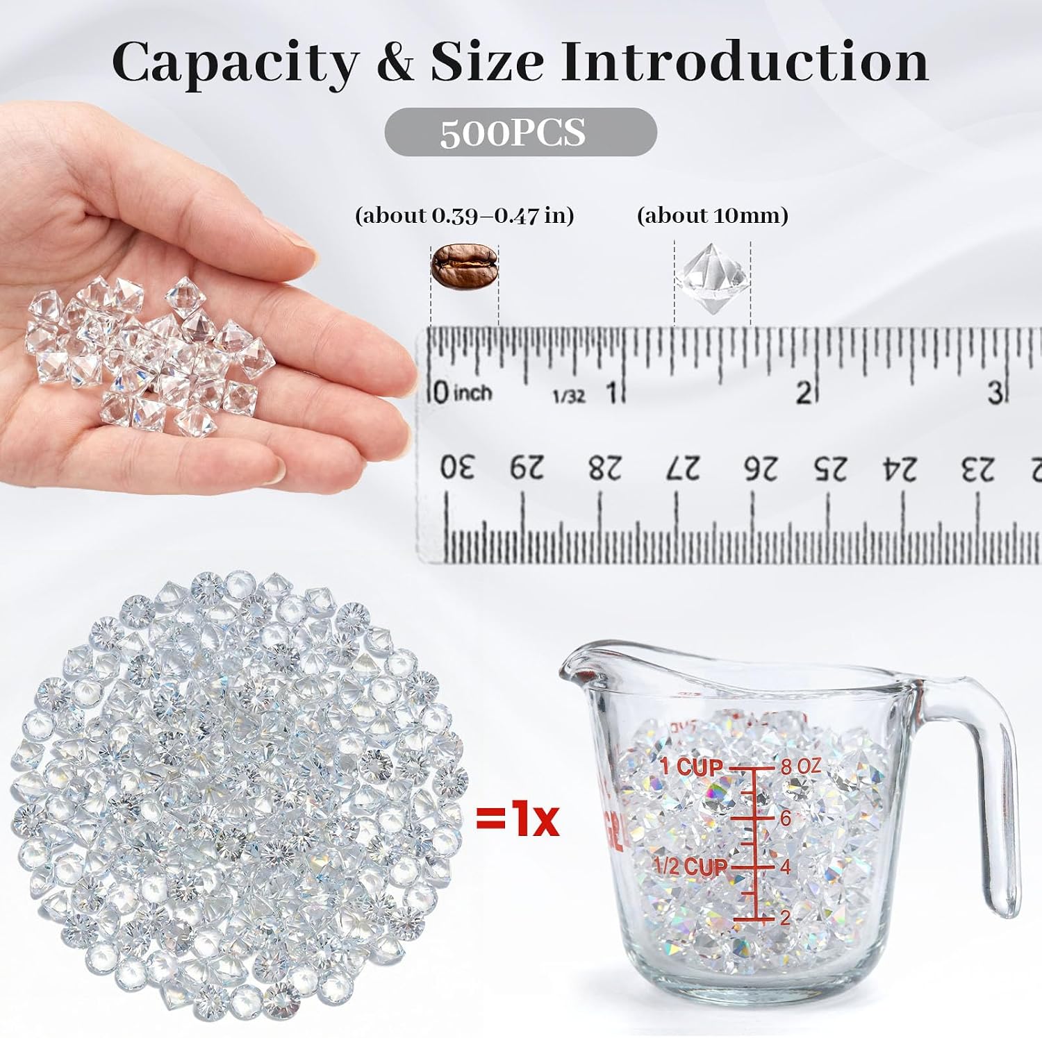 HANSGO 500PCS Diamonds, Mini Clear Fake Diamonds Acrylic Gems Table Scatter Crystals for Vase Fillers, Wedding Decor, Pirate Treasure, Photo Props, Party Decorations, Food Display（0.39-0.47in）