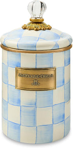 MACKENZIE-CHILDS Enamel Canister, Kitchen Storage Container with Lid, Medium, 48-Ounce Capacity, Light-Blue-and-White Sky Check