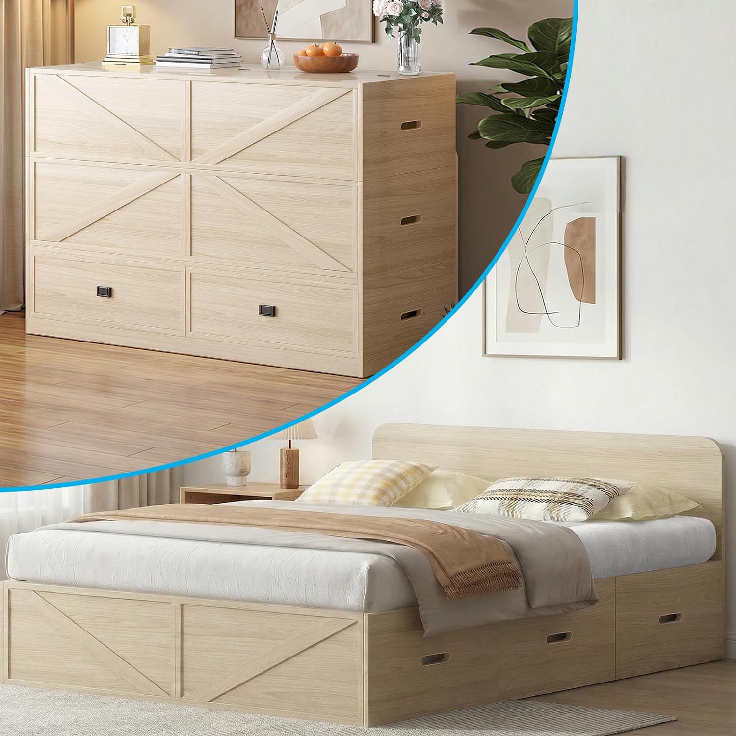 Mjkone Murphy Bed, Cabinet Beds Queen Size with Mattress Included, 3-in-1 Convertible Sofa Furniture Sets, Hidden Chest Bed with Storage Drawers, Guest Sleeper Beds for Small Room, Apartment - Wood