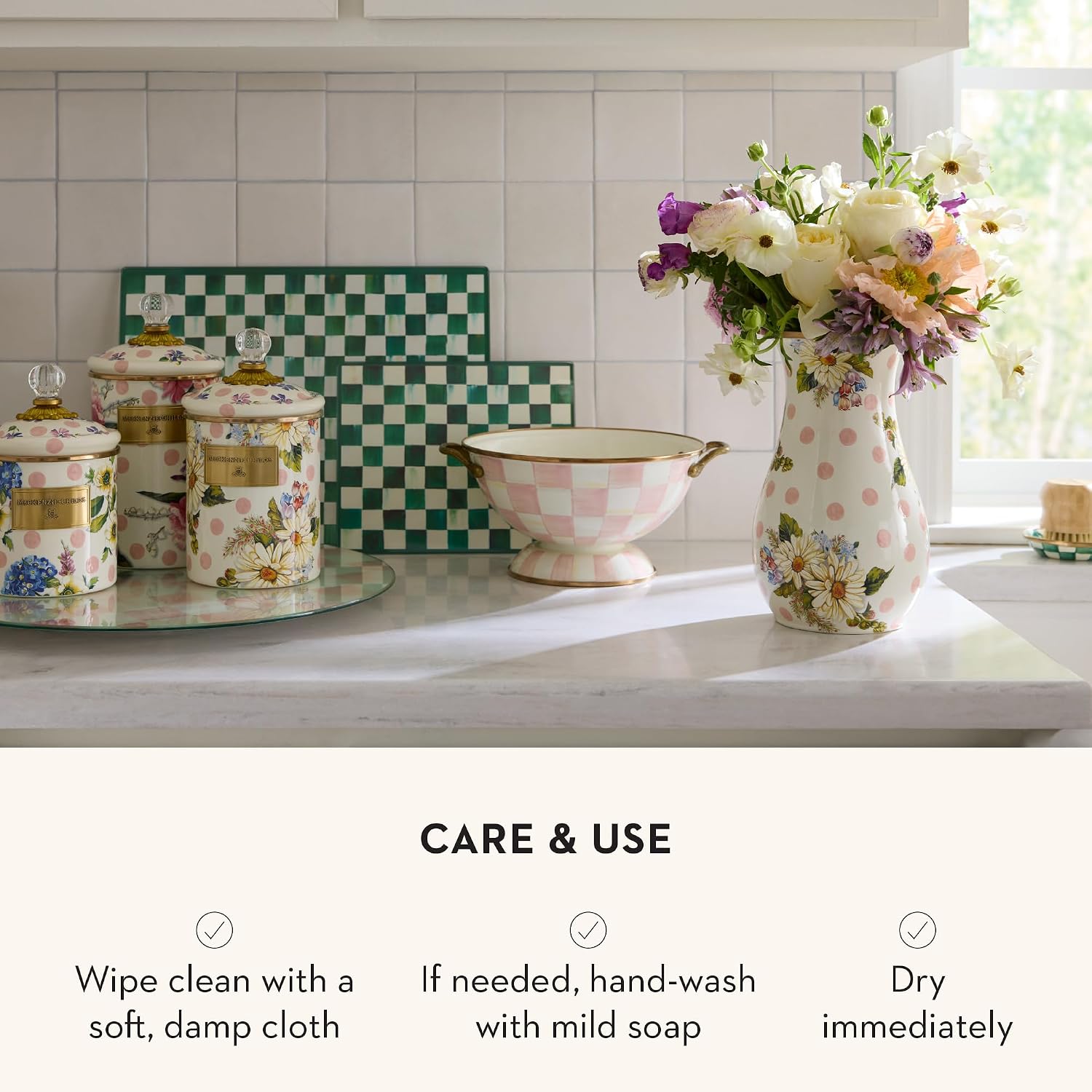 MACKENZIE-CHILDS Tall Enamel Vase, Unique Flower Vase Decor for Living Room, Wildflowers Pink
