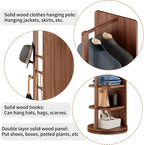 CHANCEE 360° Rotating Mirror Coat Rack, Solid Wood Standing Mirror with Storage Hooks and Shelves, Space-Saving Multifunctional Organizer for Bedroom, Living Room, or Cloakroom (Walnut)