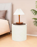 Round Boucle Storage Ottoman with Reversible Wood Tray, 17.7" Sherpa Cylinder Footrest Stool with Storage, Upholstered Folding Ottoman Coffee Table for Living Room Bedroom Dorm, White
