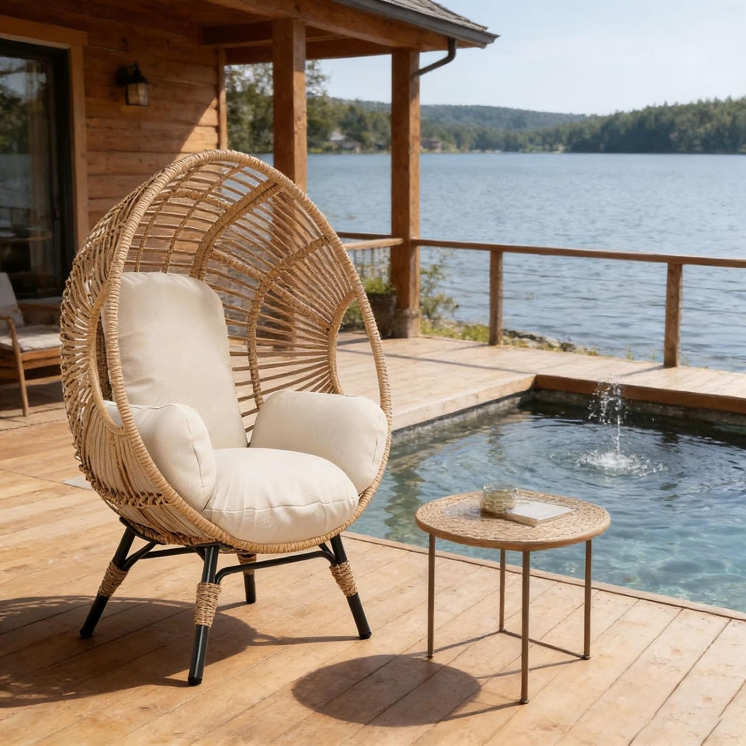 Egg Chair Wicker with 8-Inch Cushion, 400lbs Capacity, Rust-Resistant Frame, Indoor Outdoor Balcony Chairs(Natural)