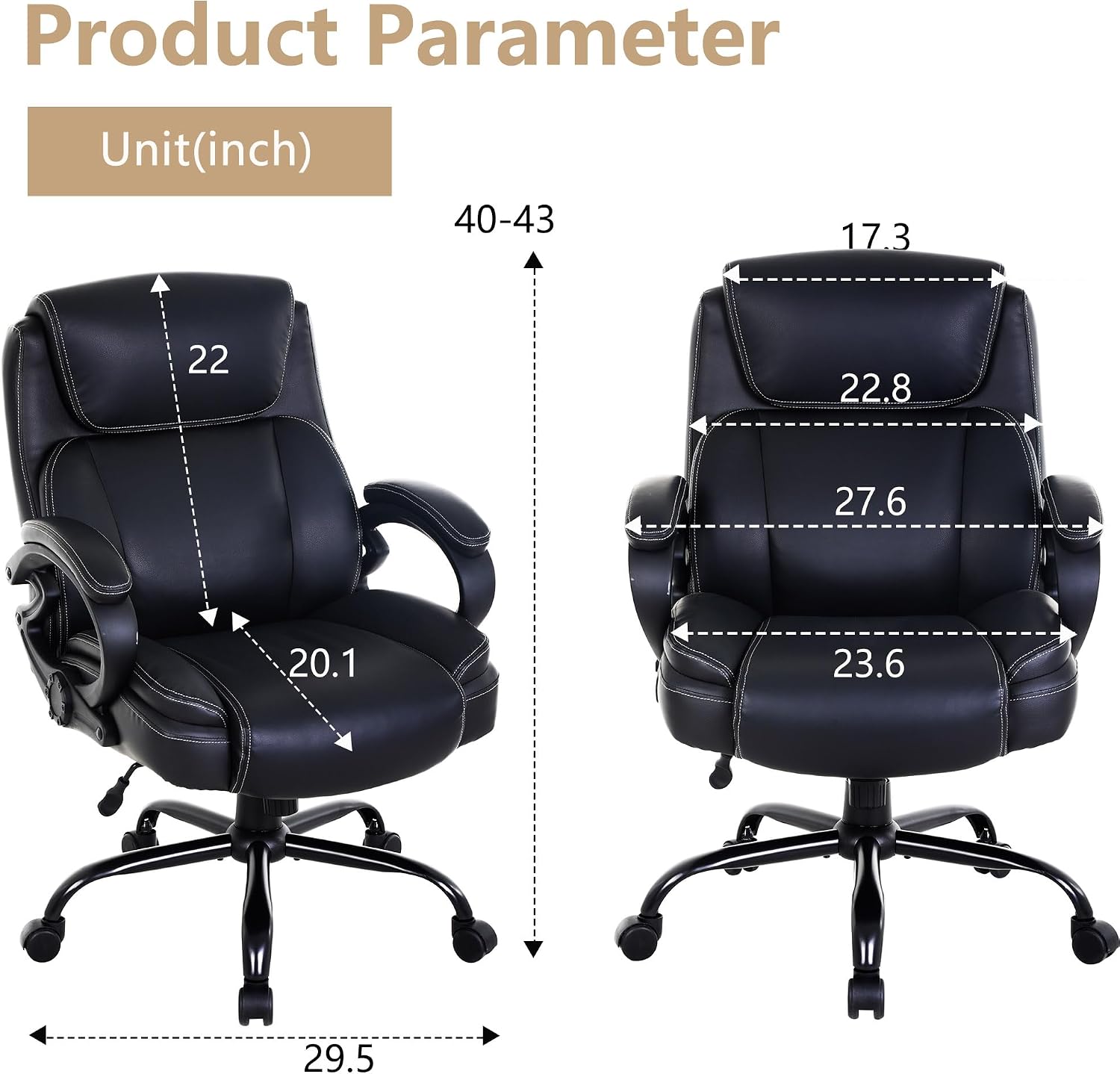 PayLessHere Big and Tall Office Chair 400lbs Wide Seat Ergonomic Computer Chair with Arms and Lumbar Support Pu Leather High Back Executive Task Desk Chair for Back Pain, Black