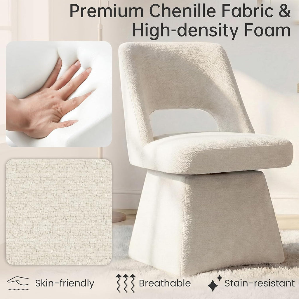VKNOW Upholstered Swivel Dining Chairs, Modern Dining Room Chairs with Open Back, Chenille Fabric Kitchen Chairs for Dining Room, Living Room, Bedroom, Vanity, Beige(1 Pack)