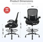 HYLONE 400lbs Big and Tall Heavy Duty Drafting Chair 5" Thickened Seat Tall Office Chair Flip-Up Armrests Ergonomic Chair with Lumbar Support and Adjustable Footrest Ring Standing Desk Chair (Black)