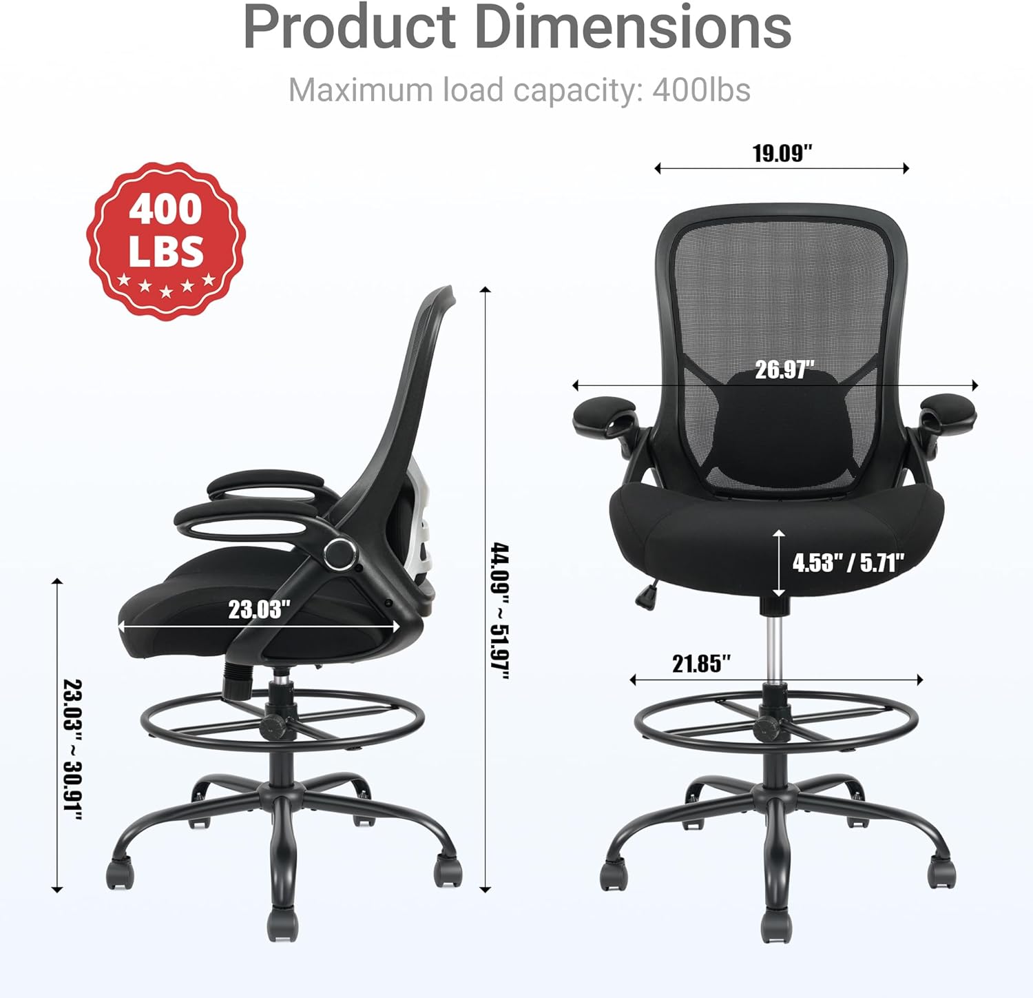 HYLONE 400lbs Big and Tall Heavy Duty Drafting Chair 5" Thickened Seat Tall Office Chair Flip-Up Armrests Ergonomic Chair with Lumbar Support and Adjustable Footrest Ring Standing Desk Chair (Black)