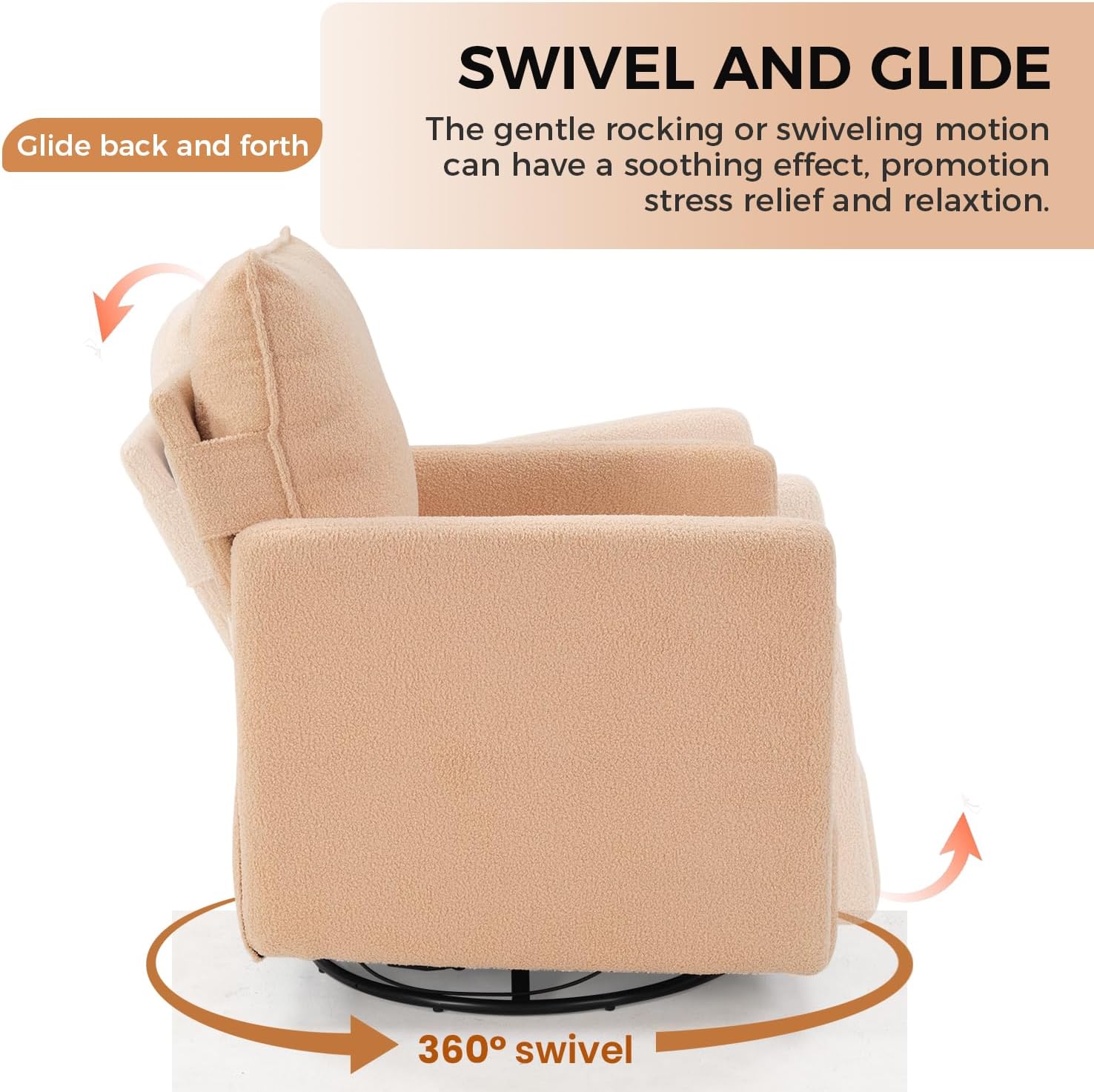 CANMOV Swivel Rocker Recliner Chair, Teddy Upholstered Nursery Glider Chair, Manual Reclining Chair with Two Removable Pillows for Living Room (Camel)