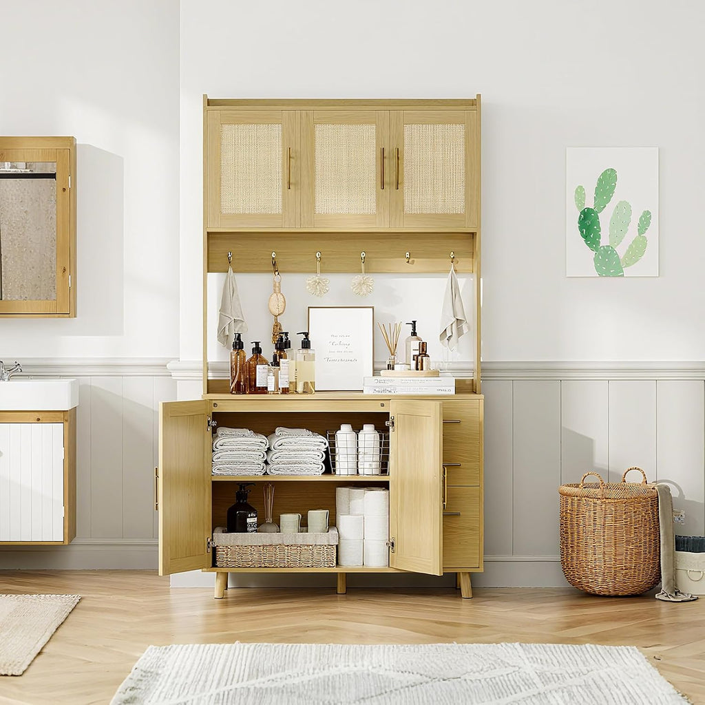 71" Tall Rattan Door Kitchen Pantry Cabinet, Freestanding Storage Hutch with 3 Drawers, 6 Hooks, Adjustable Shelves, Microwave Stand for Living Room, Kitchen
