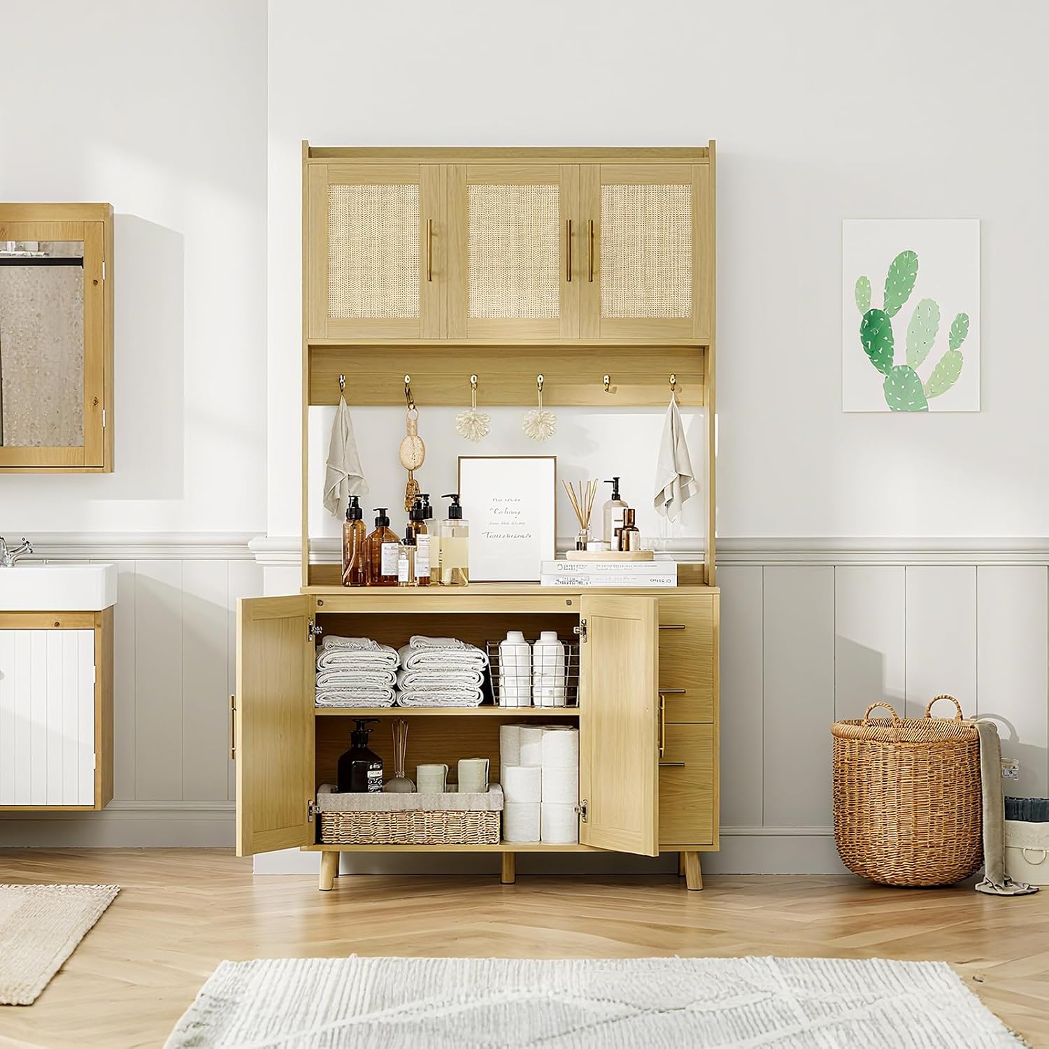 71" Tall Rattan Door Kitchen Pantry Cabinet, Freestanding Storage Hutch with 3 Drawers, 6 Hooks, Adjustable Shelves, Microwave Stand for Living Room, Kitchen