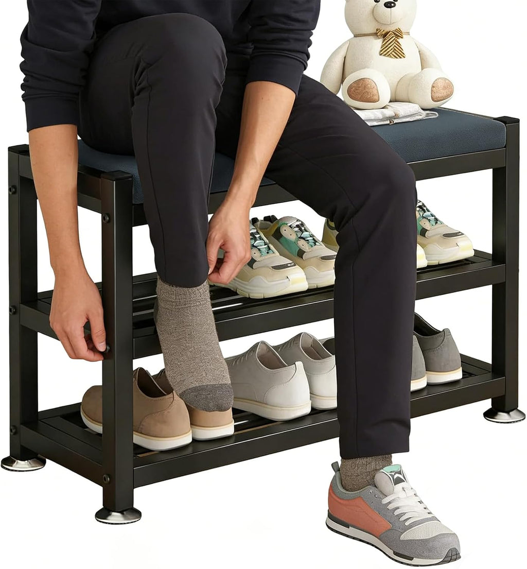 2-Tier Shoe Bench with Padded Cushion, 12-Pair Entryway Storage with Sturdy Metal Frame, Space-Saving Shoe Rack with Seat, Gray, 31.9x12x19.3 Inches