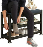 2-Tier Shoe Bench with Padded Cushion, 12-Pair Entryway Storage with Sturdy Metal Frame, Space-Saving Shoe Rack with Seat, Gray, 31.9x12x19.3 Inches