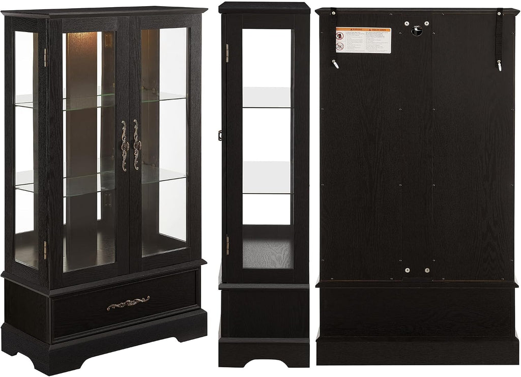3-Tier Lighted Glass Curio Display Cabinet, 47" H Glass Storage Cabinet with Adjustable Shelves & 1 Drawer, Wooden Wine Accent Display Case with Mirrored Back Panel for Living Room (Black)