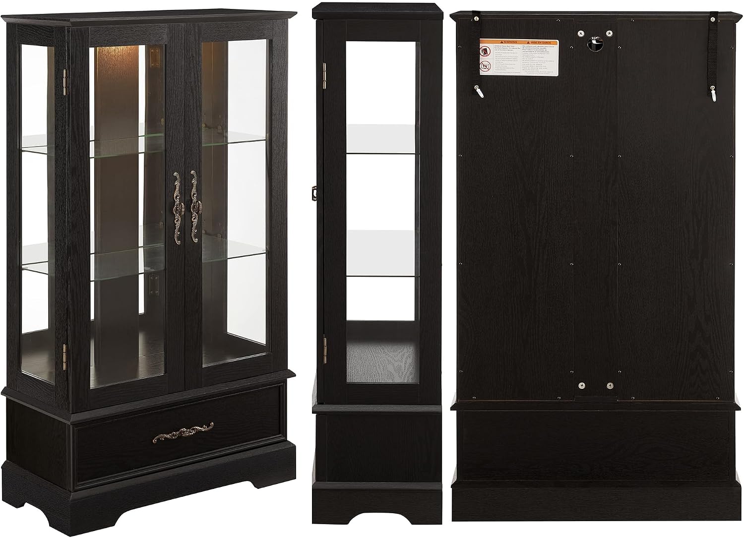 3-Tier Lighted Glass Curio Display Cabinet, 47" H Glass Storage Cabinet with Adjustable Shelves & 1 Drawer, Wooden Wine Accent Display Case with Mirrored Back Panel for Living Room (Black)