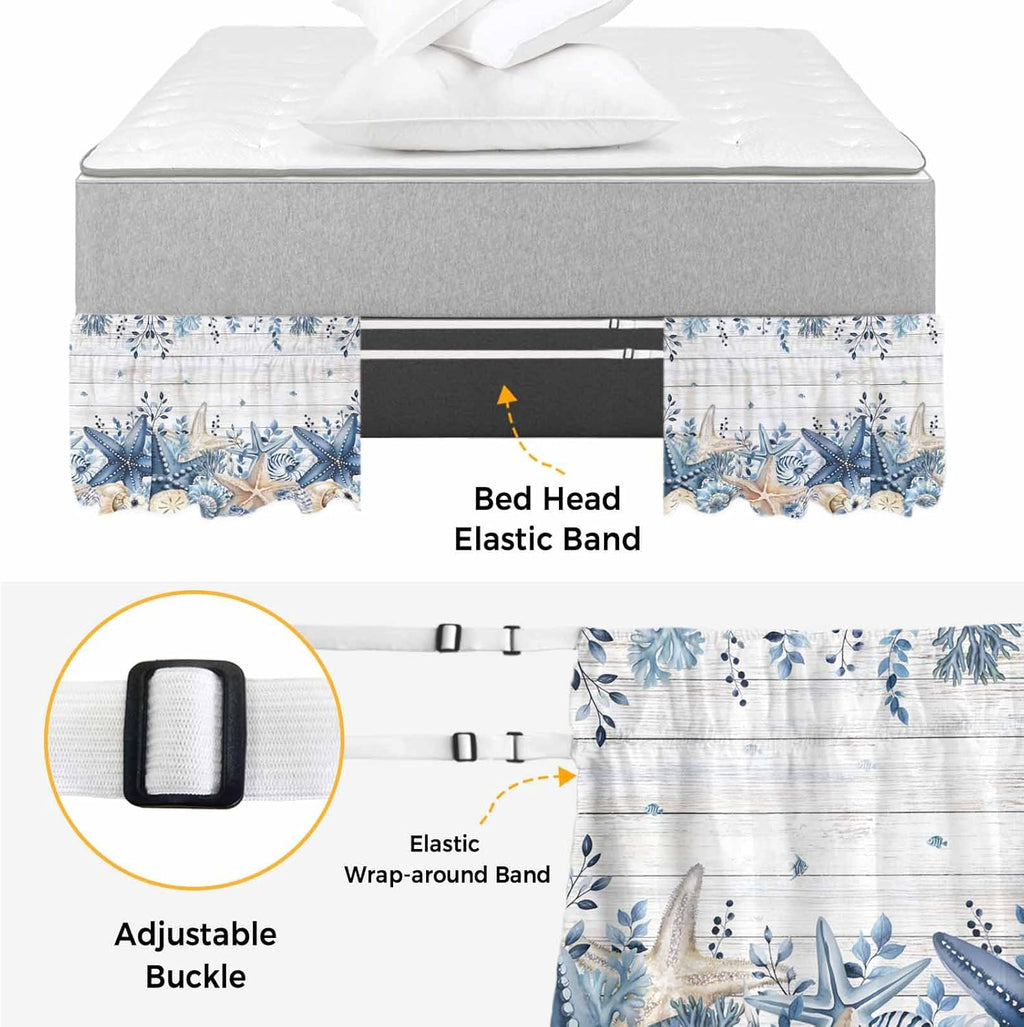 Coastal Bed Skirt California King Size 18" Drop Ocean Blue Beige Starfish Shells Leaves Grey Wooden Ruffled Wrap Around Bed Skirts Adjustable Elastic Bedskirt Dust Ruffle for Queen King Cal.King Bed