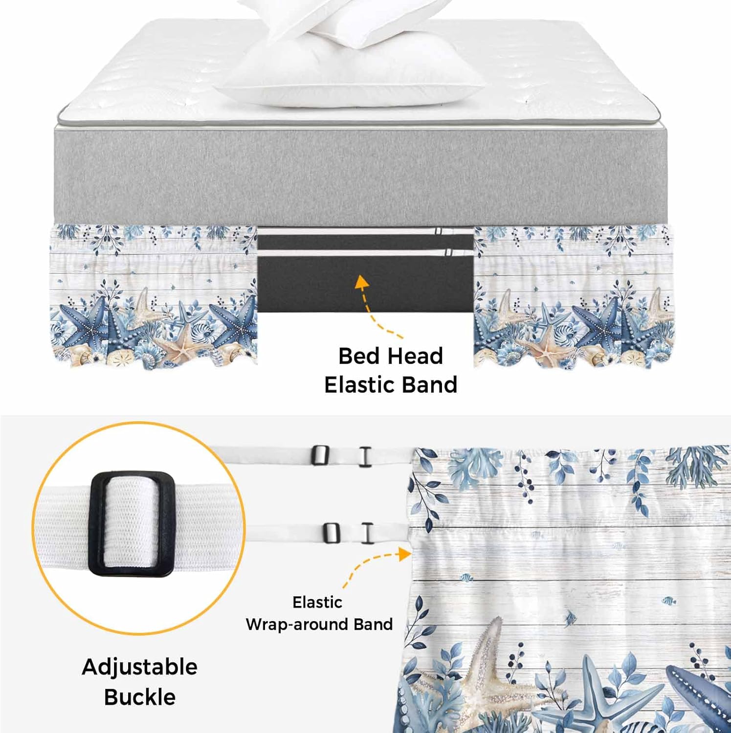 Coastal Bed Skirt California King Size 18" Drop Ocean Blue Beige Starfish Shells Leaves Grey Wooden Ruffled Wrap Around Bed Skirts Adjustable Elastic Bedskirt Dust Ruffle for Queen King Cal.King Bed