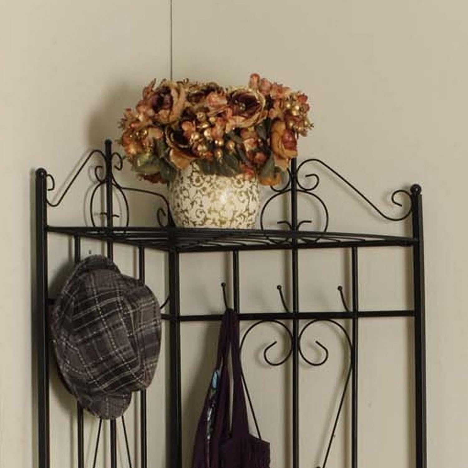 Kings Brand Black Metal Corner Entryway Hallway Rack with Bench & 6 Hooks