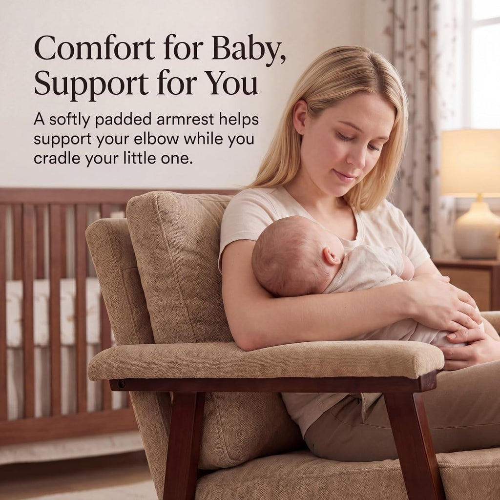 Nursery Rocking Chair, Compact Upholstered Rocker with Solid Wood Legs, Cozy Nursing Glider Chair for Mom, Small Space Chair for Nursery, Bedroom (Khaki)
