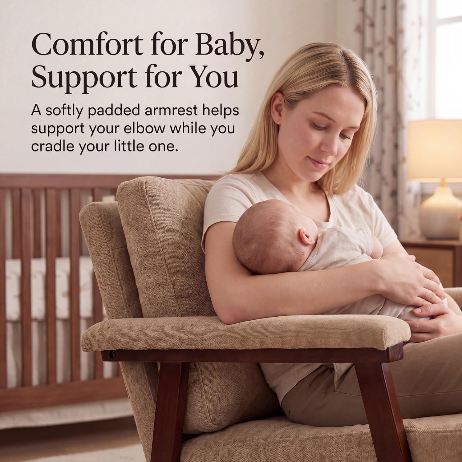 Nursery Rocking Chair, Compact Upholstered Rocker with Solid Wood Legs, Cozy Nursing Glider Chair for Mom, Small Space Chair for Nursery, Bedroom (Khaki)