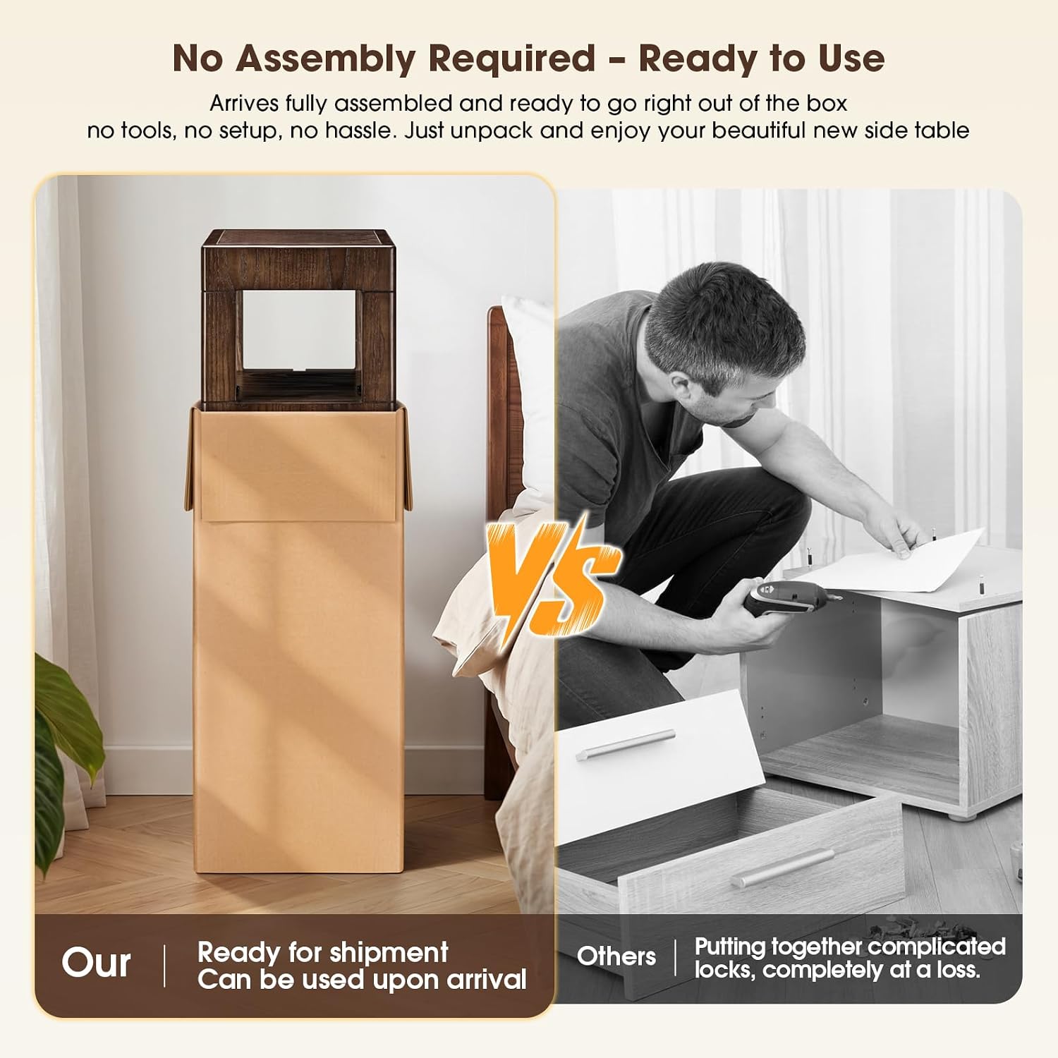 Multi Use Side End Table with Charging Station for Living Room, Solid Wood Small Table with a Hidden Tissue Box for Small Space, Modern Minimalist Nightstand for Bedroom (Walnut)