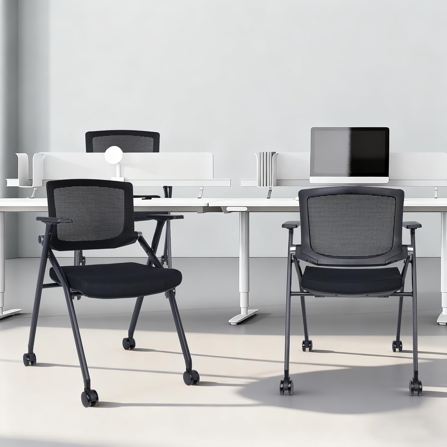 Upgraded Folding Chair with Wheels and Padded, Ergonomic Mesh Back and Arms for Office, Meetings, Conferences, Receptions, Training Rooms & Folding Office Chairs