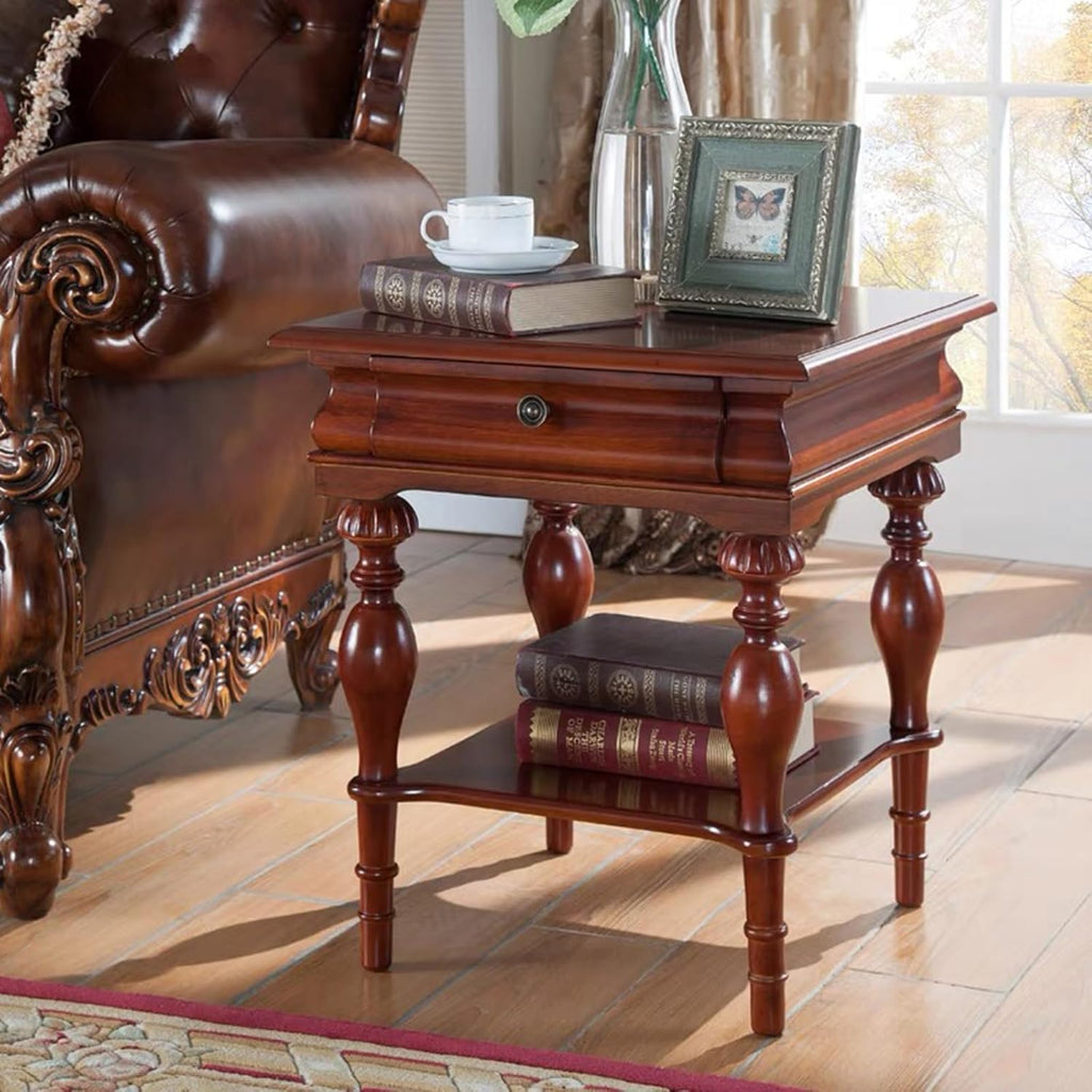 YUNMUAIR-Solid Wood Side Table with Drawer Square Vintage End Tables Living Room,Victorian Style Bedside Nightstand,Sofa Tables with Storage Shelf,Telephone Table for Living Room,No-Tools Assembly