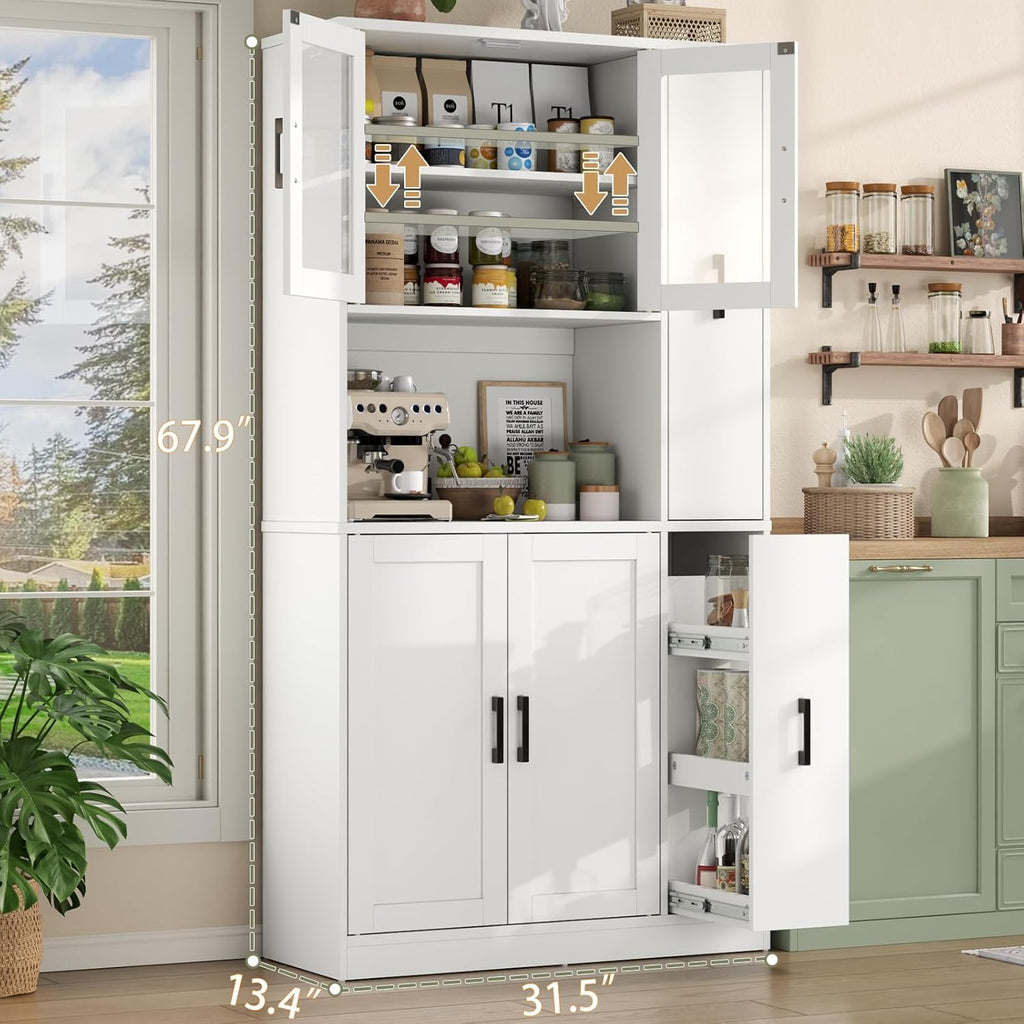 Gyfimoie 68" Tall Kitchen Pantry Cabinet with Side Drawer, Kitchen Pantry Storage Cabinet with Acrylic Door,Freestanding Food Hutch with Microwave Stand for Dining Room (White)