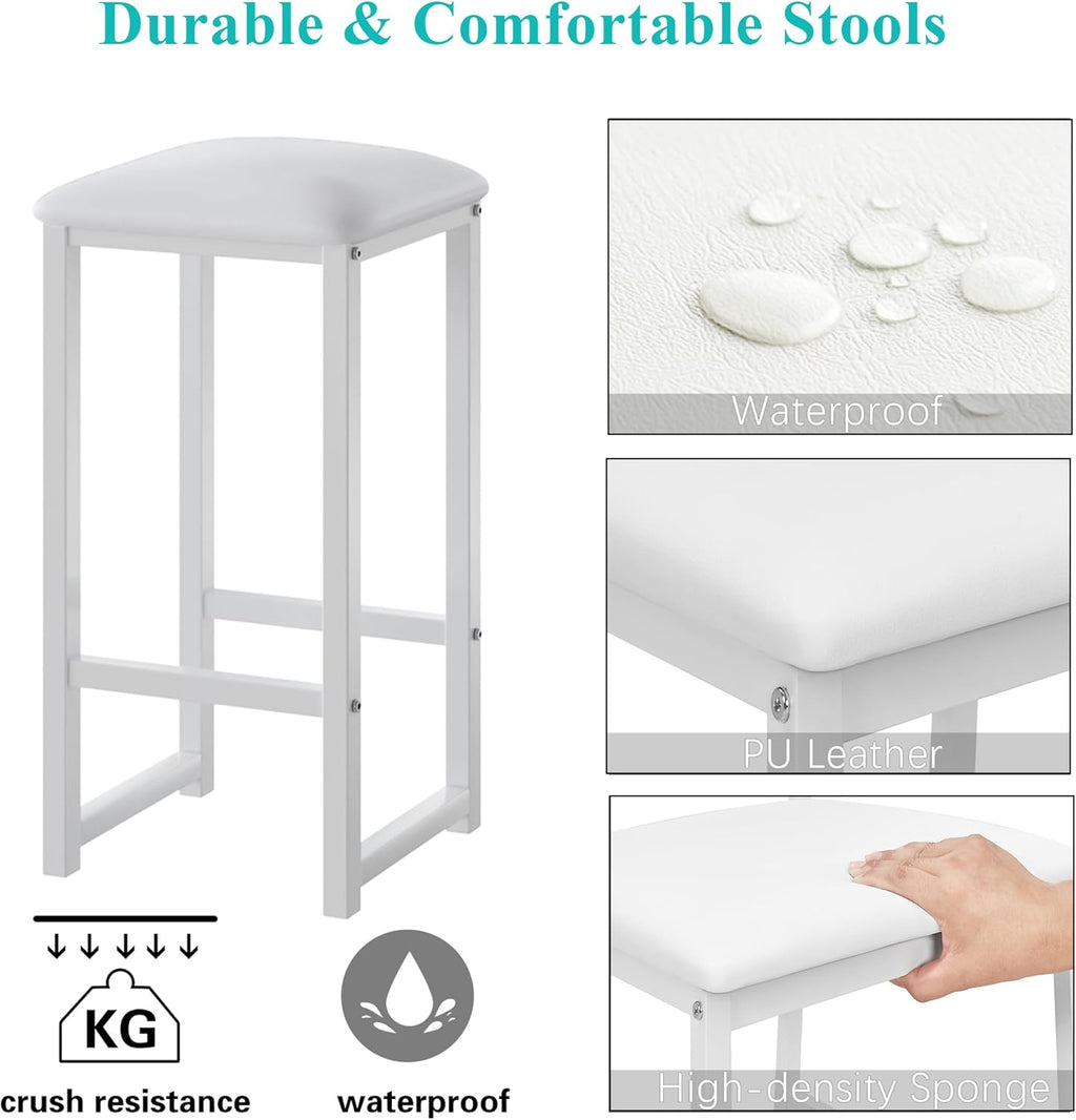VECELO Small Bar Table and Chairs Set for 2, Upholstered Stools & Glass Storage Shelves, for Kitchen Dining Breakfast Nook, Space-Saving, Natural & White