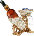 Tabletop Wine Rack Golden Luxury Cameo Flower Diamond Wine Glass Display Holder, Holds 1 Wine Bottle and 3 Wine Glasses Wine Decor for Kitchen Bar Gifts