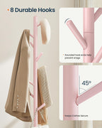 SONGMICS HOME Freestanding Coat Rack, Solid Wood, 8 Hooks, for Living Room, Bedroom, Home Office, 18.4 x 16.1 x 68.9 Inches, Pink