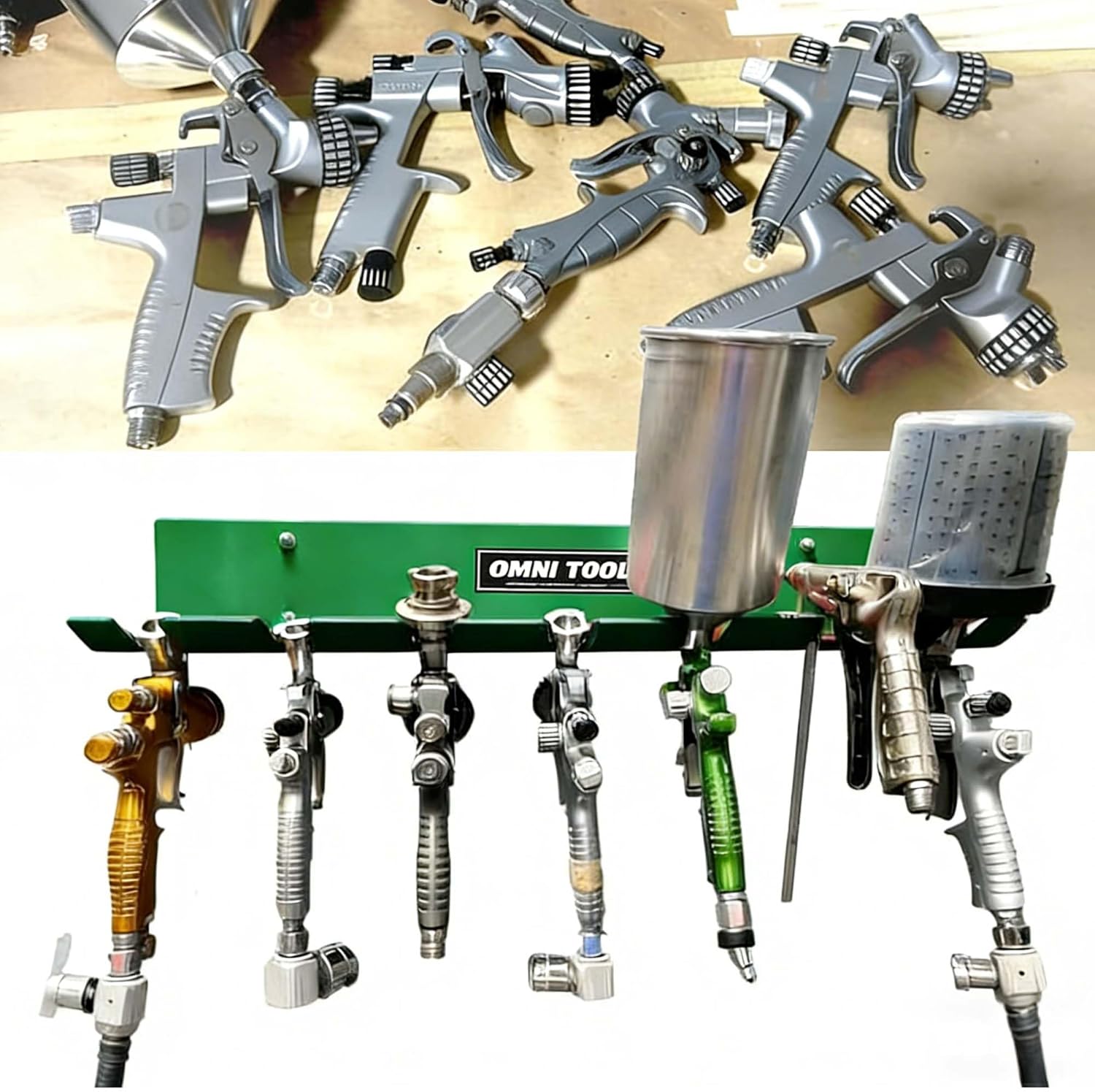 LAUCO Omni Tool Wall Mounted Paint Spray Gun Holder Holds 7 Guns without Cups or 4 with Cups, Heavy Duty Screw Mount Rack, Stable Scratch-Free Design, Green, 1 Pack