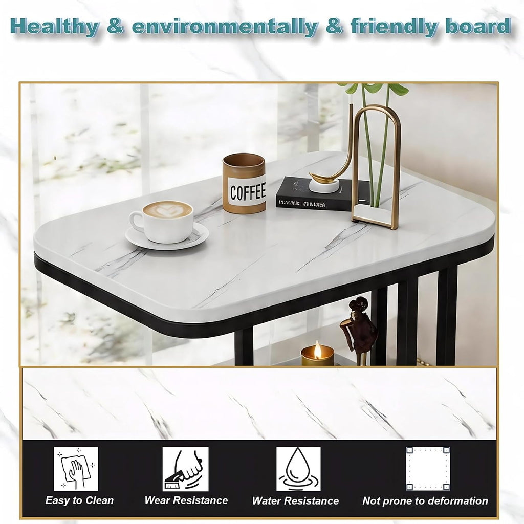 TV Tray Table with Shelf, Metal Frames, Snack Table for Couch, Sofa, Bed, Chair, Living Room, C Shaped End Side Table for Eating, Dinner or Laptop, Small Spaces, Easy Assembly (19.7" x 11.8", White)