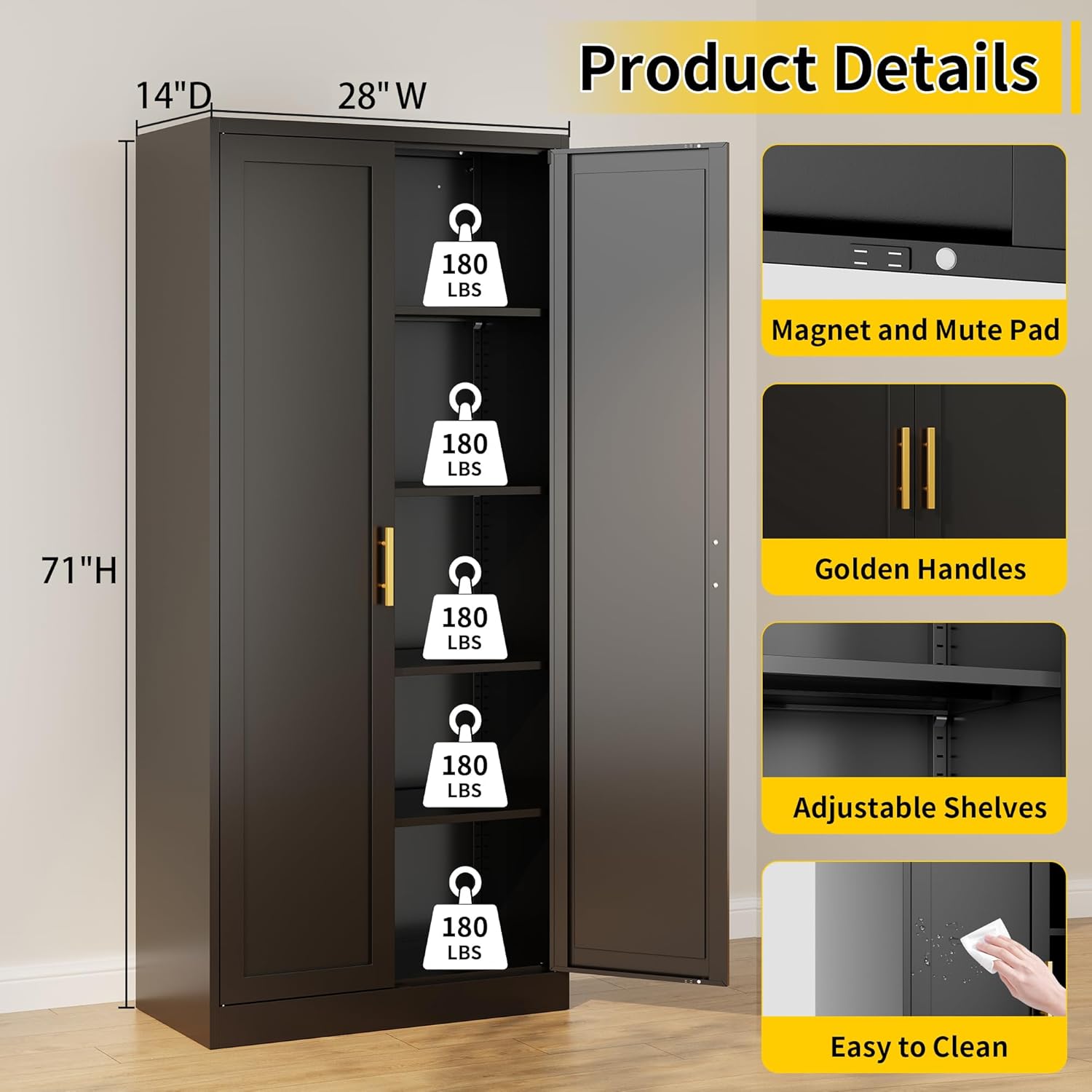 Metal Kitchen Pantry Cabinet, 71"H x 28"W x 14"D Cabinet with 2 Doors and 4 Adjustable Shelves, Kitchen Pantry Storage Cabinet, Metal Pantry Cabinet for Kitchen, Dining Room, Living Room-Black