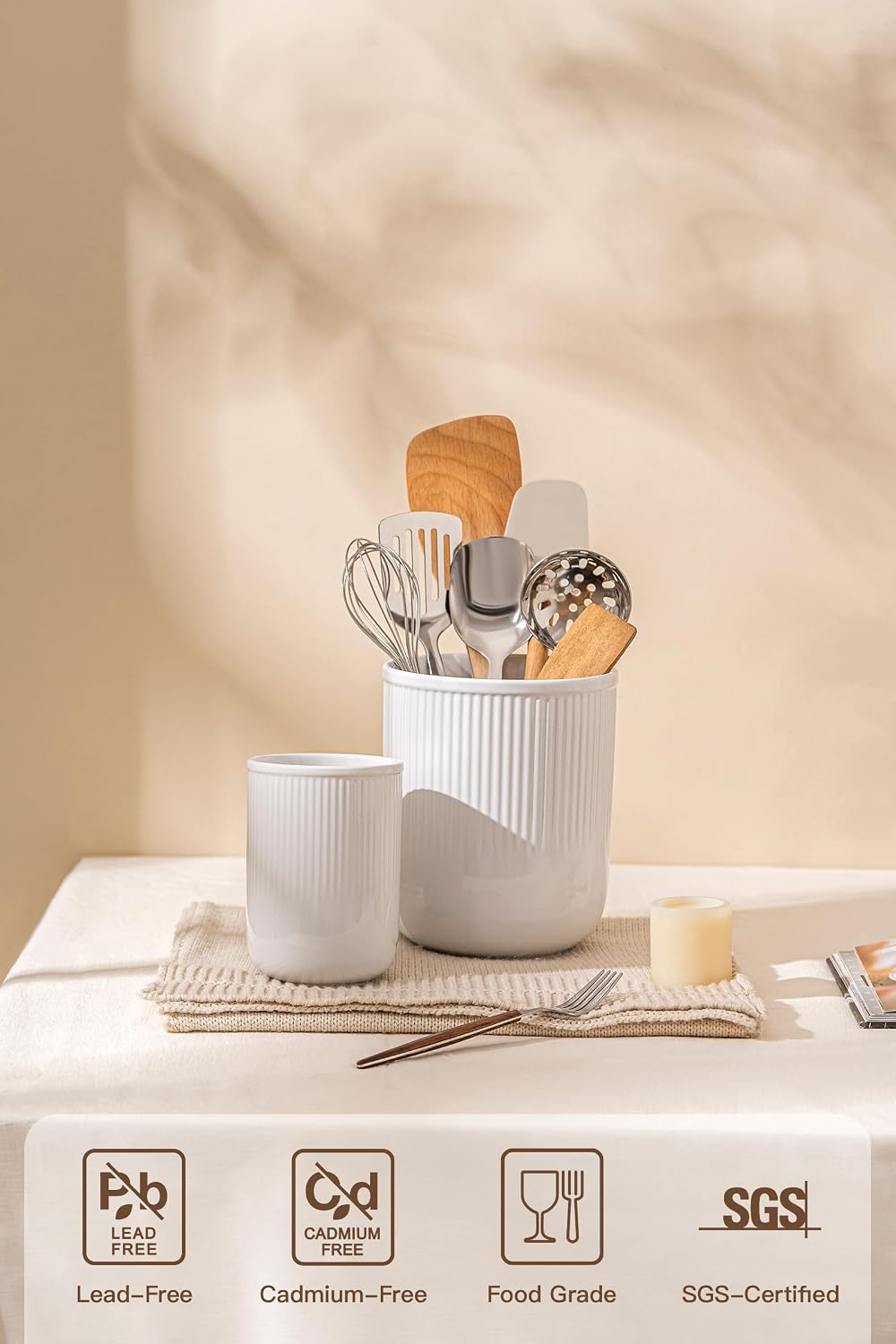 FOBENTA Utensil Holder, 7.3’’+5.4’’ Ceramic Kitchen Utensil Holder for Countertop, Large Utensil Crock–Cooking Utensil Organizer for Spatula & Spoon, Modern Kitchen Decor, Set of 2, White