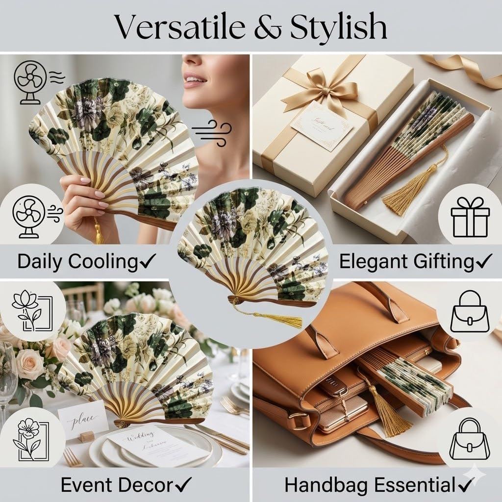 Vintage Floral Folding Hand Fan with Tassel, Chinese Style Fabric Hand Fan for Wedding, Dance, and Home Decor, Portable Elegant Fan for Women (Green Floral)