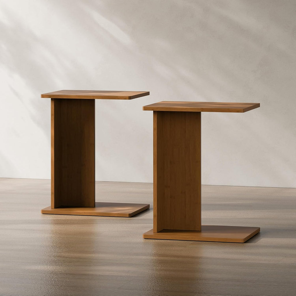 RECCI Solid Bamboo C-Shaped End Table Set of 2 for Couch and Sofa, Sustainable Mid-Century Modern Wood Side Table for Living Room or Bedroom, Easy Assembly C Table Nightstand (Walnut)