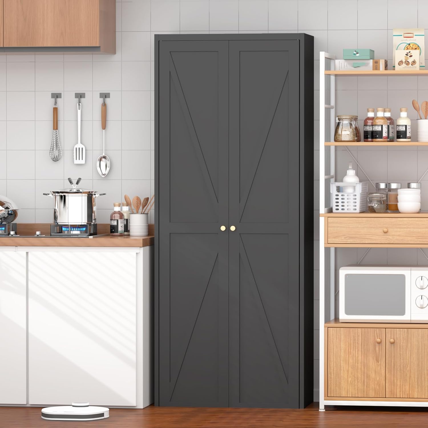 71" Tall Metal Kitchen Pantry Cabinet with 2 Doors and 4 Adjustable Shelves,Utility Kitchen Cupboard, Large Steel Cabinets for Dining Room, Office, Living Room (Black)