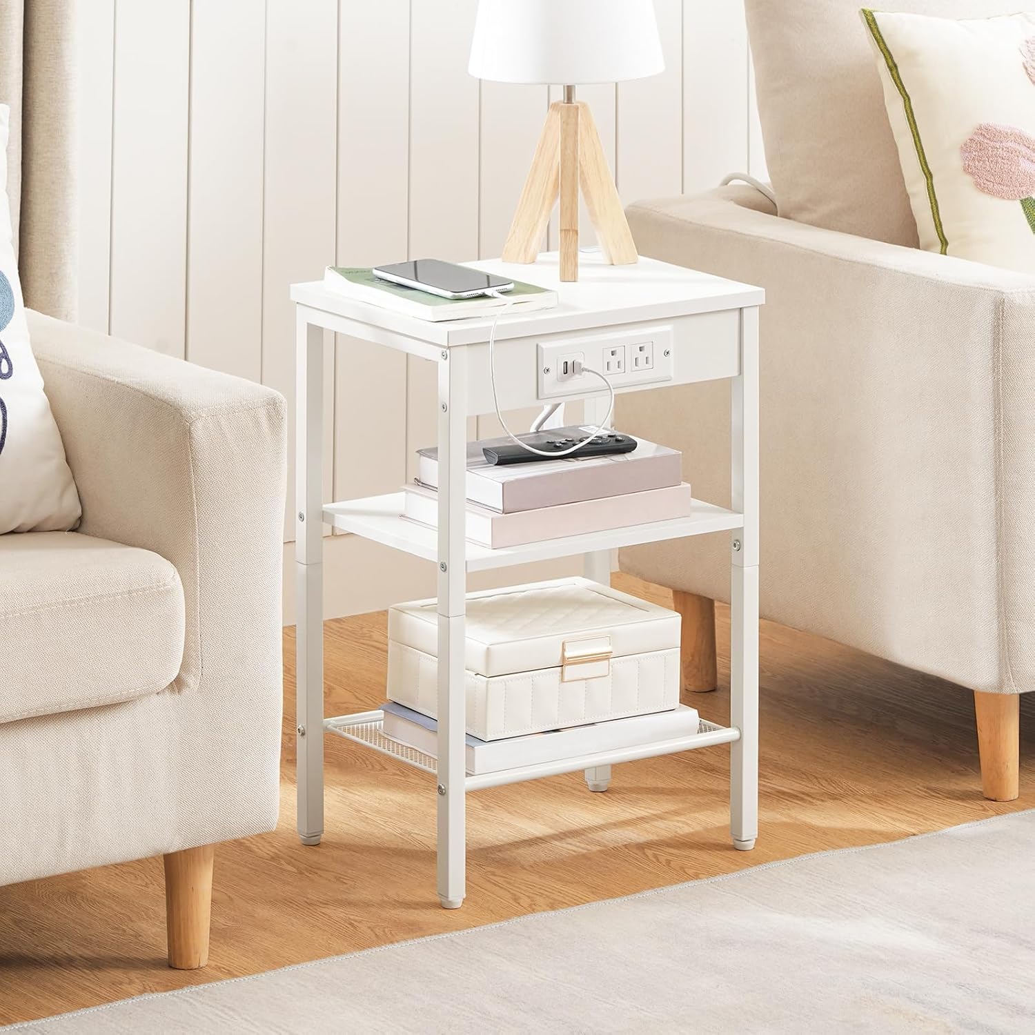 HOOBRO Side Tables Set of 2 with Charging Station and USB Port, Small End Tables for Small Space, 3-Tier Nightstands with Adjustable Shelf, for Living Room, Bedroom, White WW112BZP201