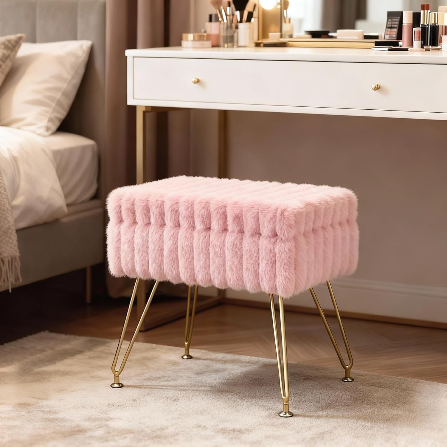 Vanity Stool Chair with Storage, Faux Fur Soft Padded Ottoman with Coffee Table, Modern Vanity Chair Fluffy Footstool with Metal Legs for Makeup, Living Room,Bedroom Pink