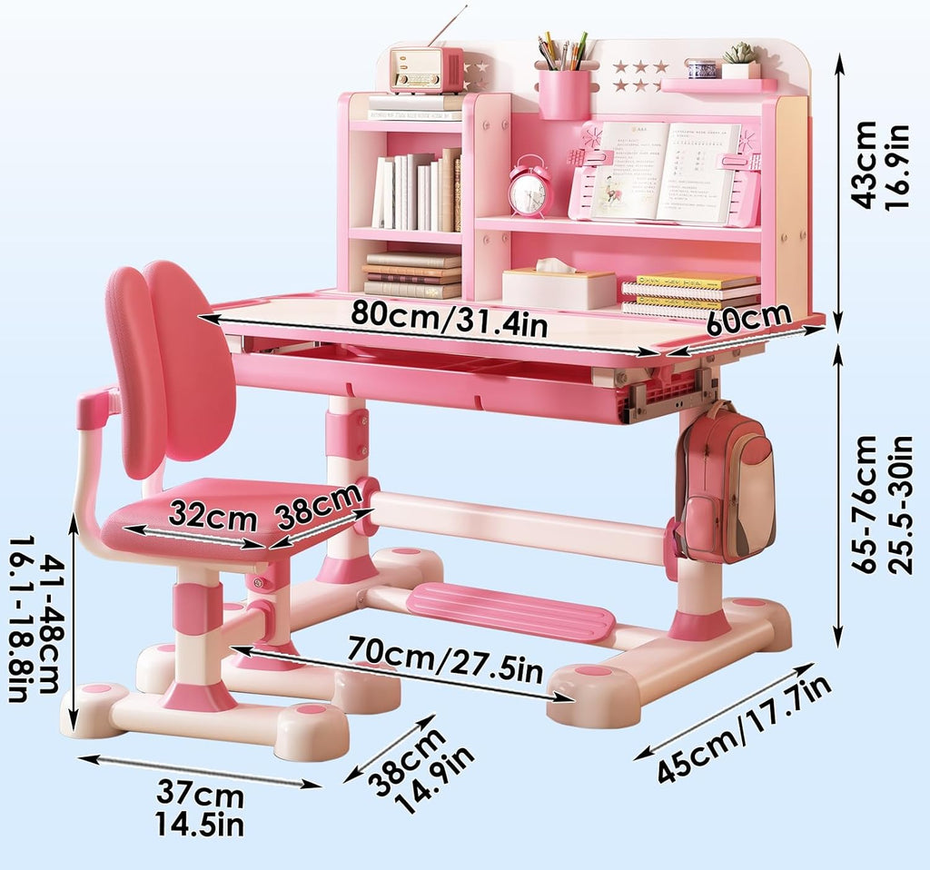 Kids Desk and Chair Set - Adjustable Height Small Desks, Widened Desktop, Kids Study Desk with Drawer & Multi Separation Cartoon Pattern, Small Standing Desks Pink