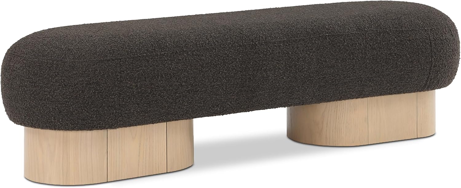 Meridian Furniture 22001Brown Robertson Collection Art Deco Bench with Luxurious Brown Boucle Fabric and Rich Natural Oak Finish, 60.5" W x 18" D x 16" H, Brown