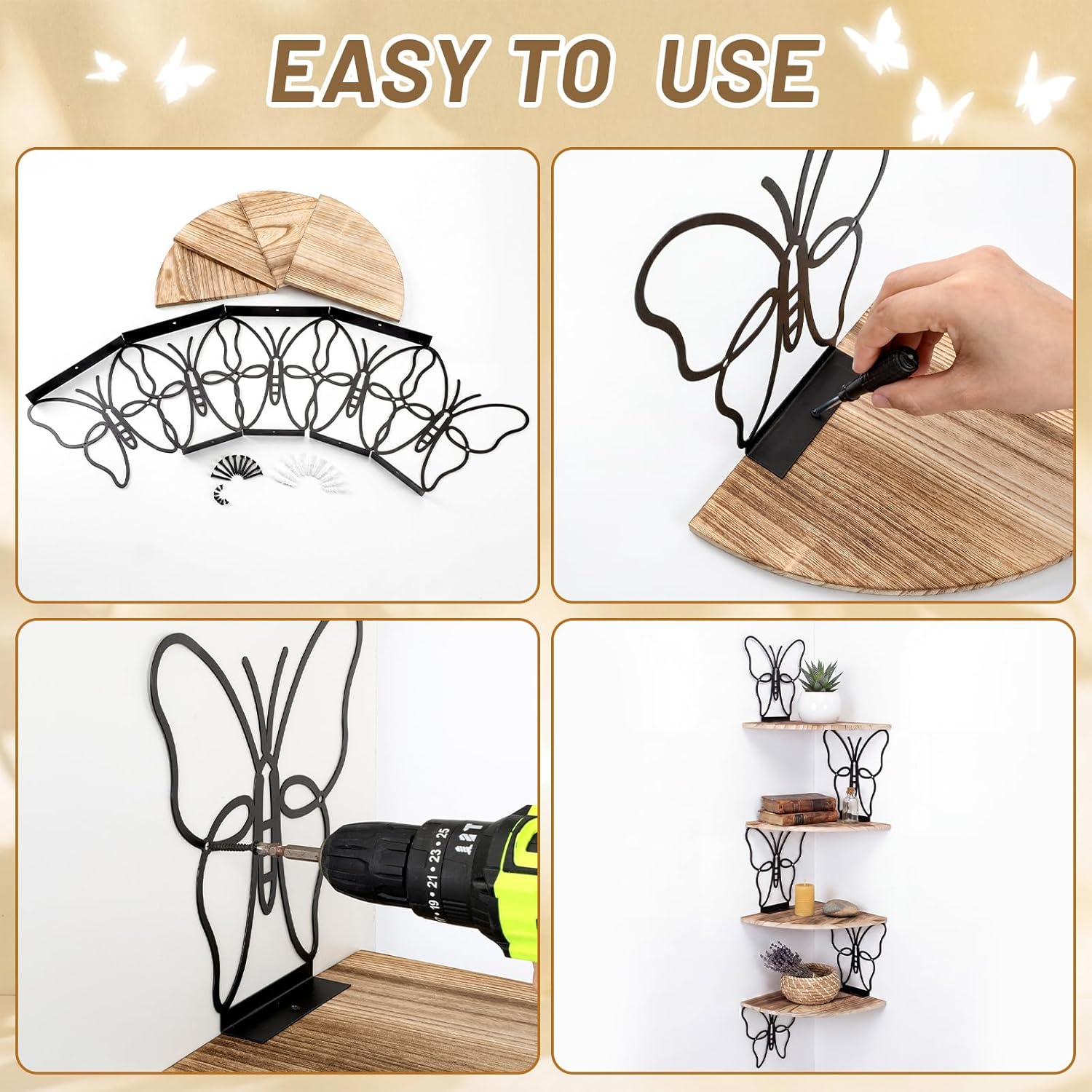 4 Tier Black Butterfly Wall Mount Corner Shelves Floating Corner Storage Wood Shelves Decorative Rustic Butterfly Wall Decor for Bedroom Living Room Bathroom Home Kitchen