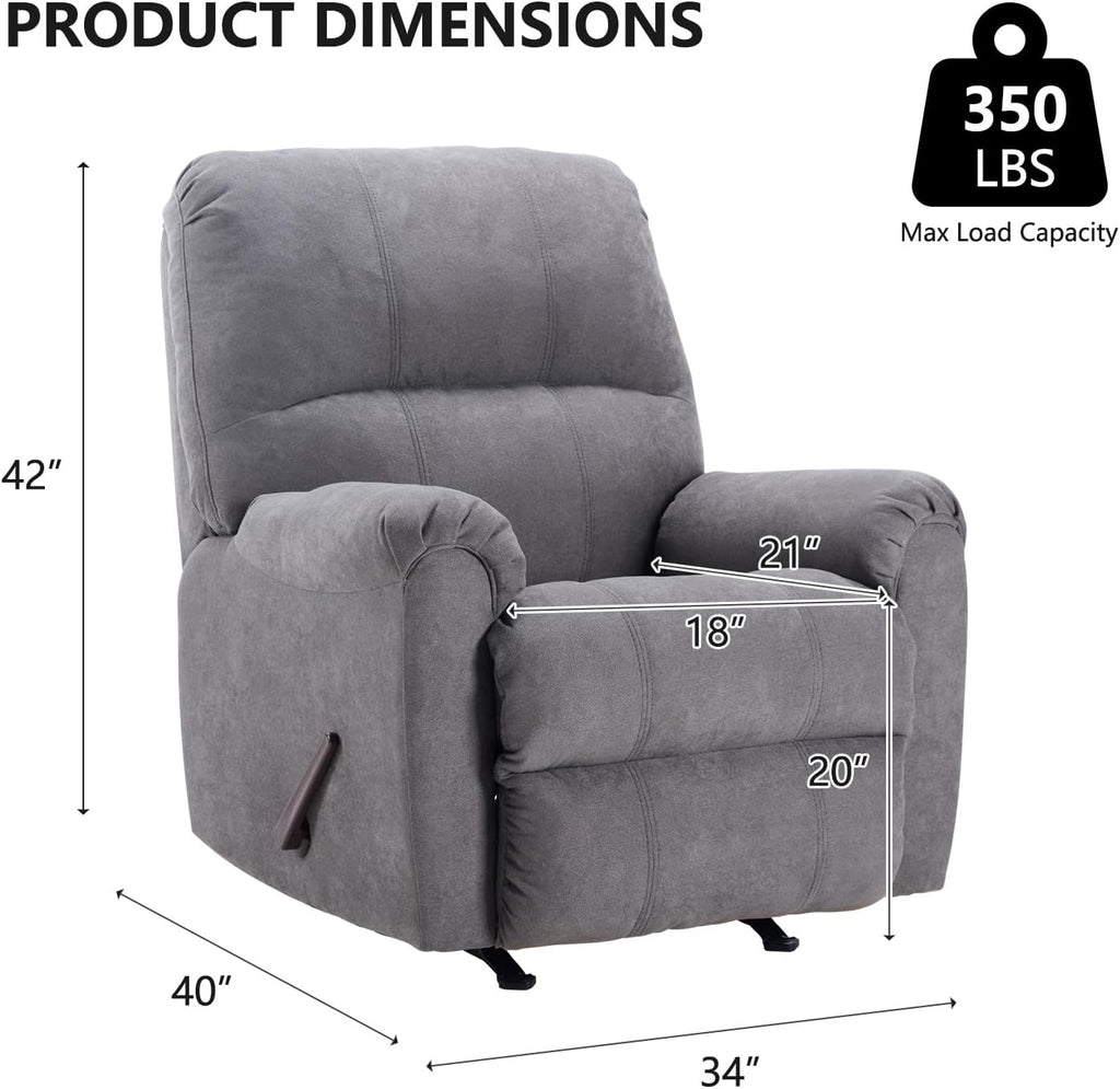 CANMOV Rocker Recliner Chair, Soft Fabric Manual Recliner Chair with Overstuffed Back and Arms, Single Sofa Nursery Rocking Chairs for Living Room, Grey